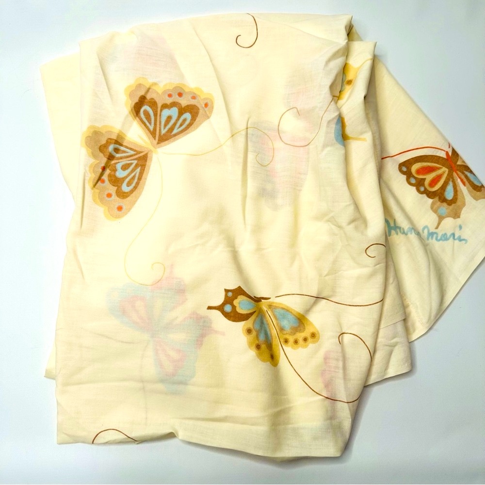 VTG 70s Hanae Mori Twin Sheet, Nude Cream Color w/ Butterflies Brown Orange Blue